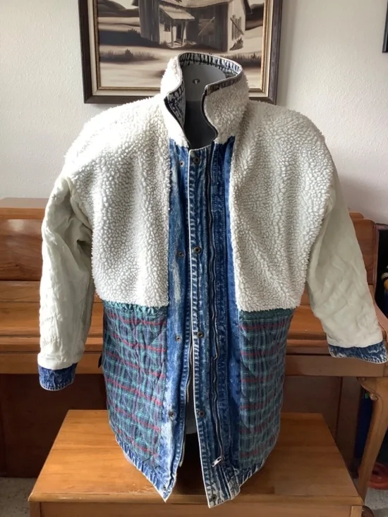 Vintage Andy Johns Woman’s ACID WASH Denim JACKET Size Medium Sherpa CHORE COAT - Picture 7 of 13
